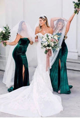 Strapless Mermaid Velvet Split Front Long Bridesmaid Dresses