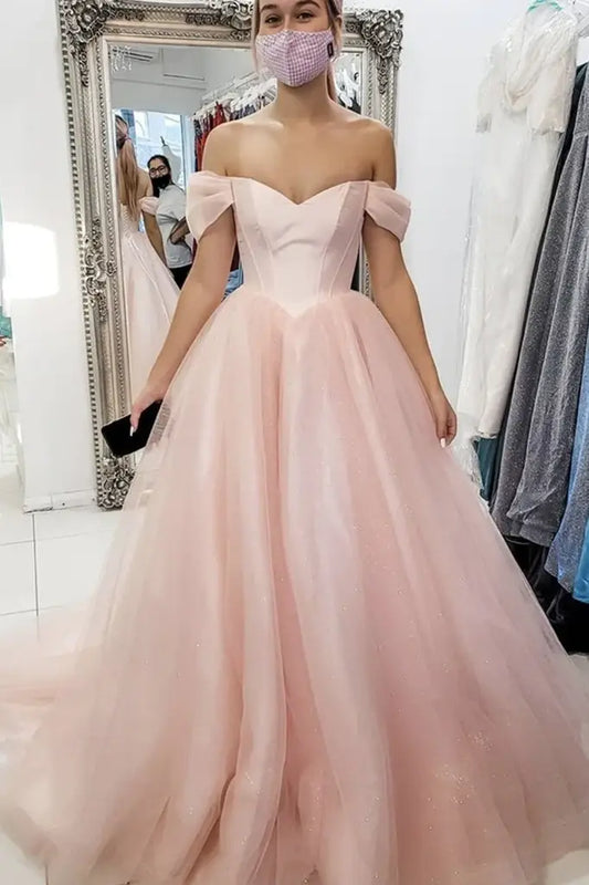 Pearl Pink V-Neck Off-The-Shoulder A-Line Tulle Prom Dresses