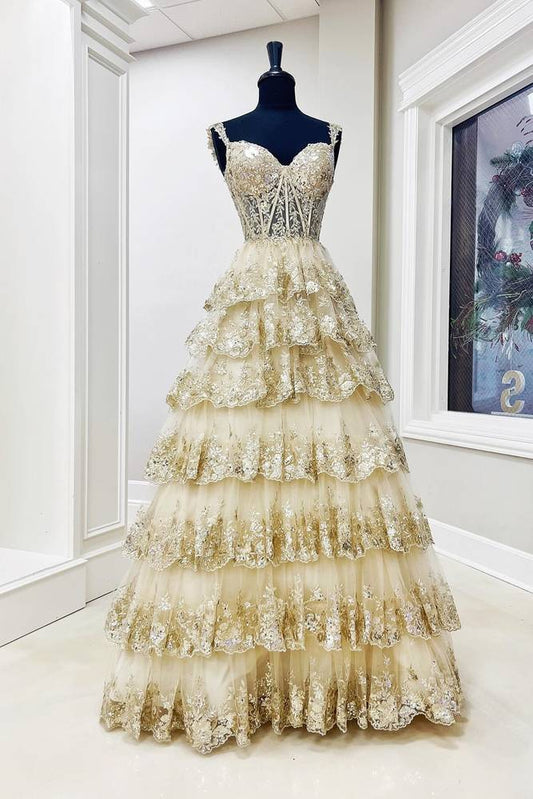 Gold Sweetheart Floor-Length A-Line Tulle Party Prom Dresses with Sequin