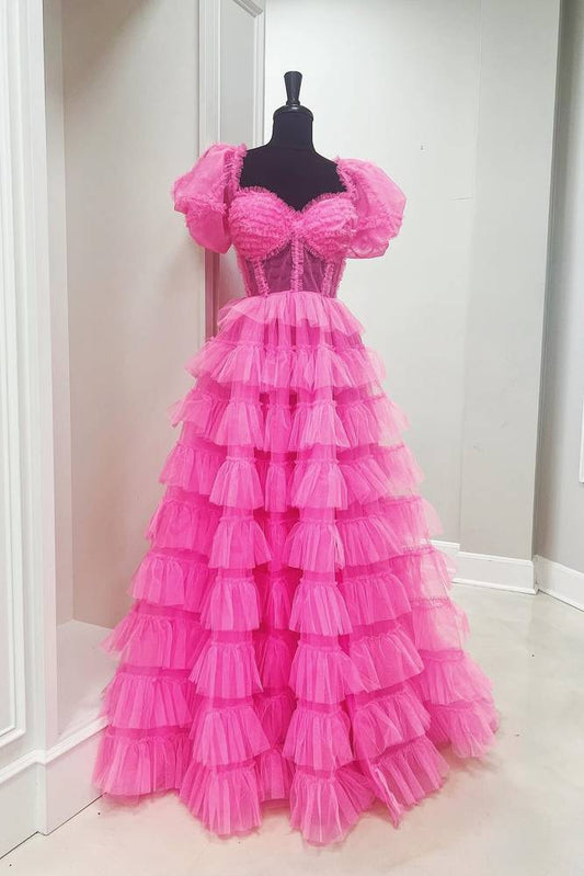 Fuchsia Sweetheart Short Sleeves A-Line Prom Dresses with Ruffles