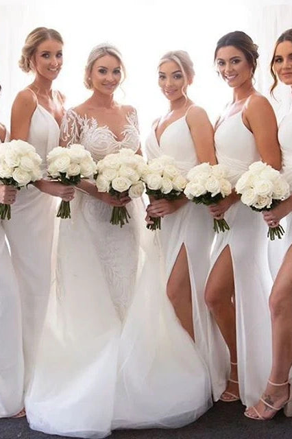 White Spaghetti Straps Mermaid Bridesmaid Dresses with Slit