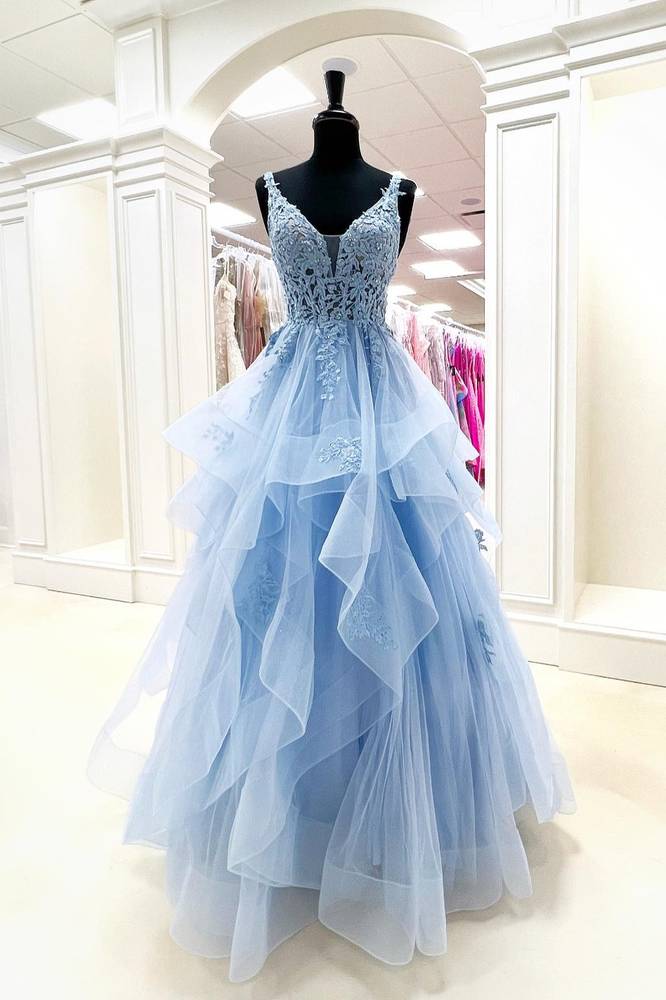 Light Blue V-Neck Sleeveless A-Line Tulle Formal Dresses with Ruffles