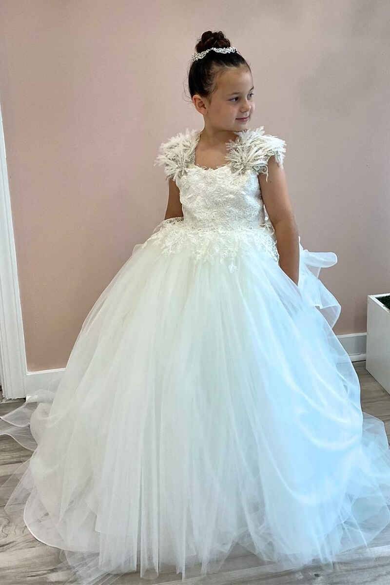 Ball Gown Sleeveless Tulle Long Flower Girl Dresses with Appliques