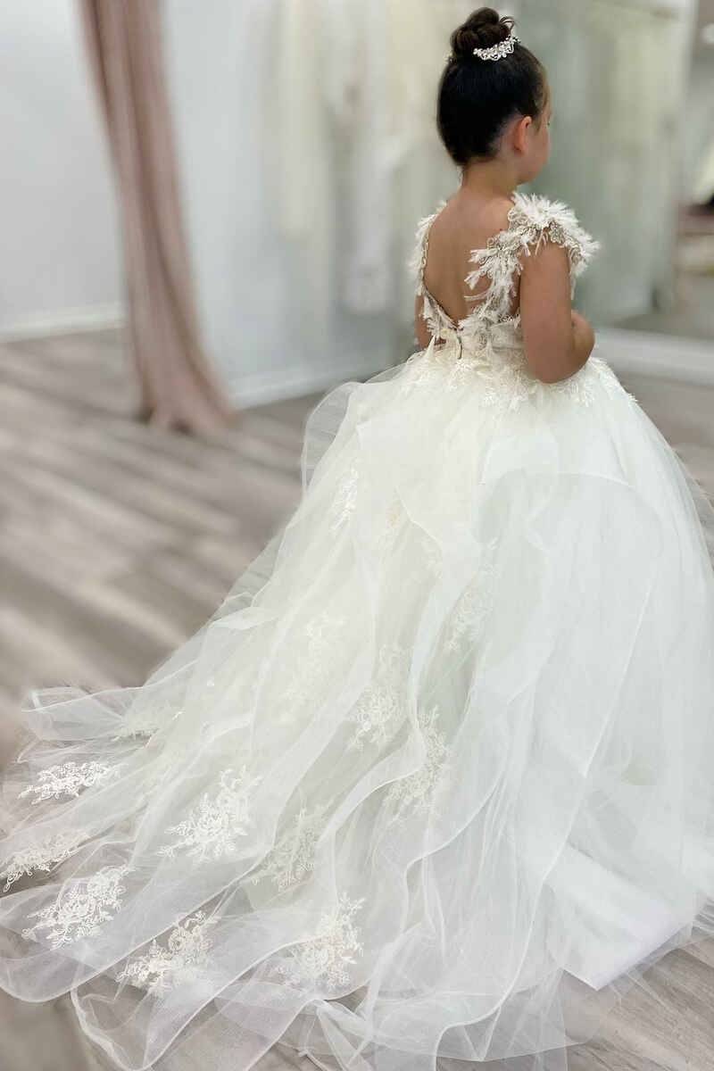 Ball Gown Sleeveless Tulle Long Flower Girl Dresses with Appliques