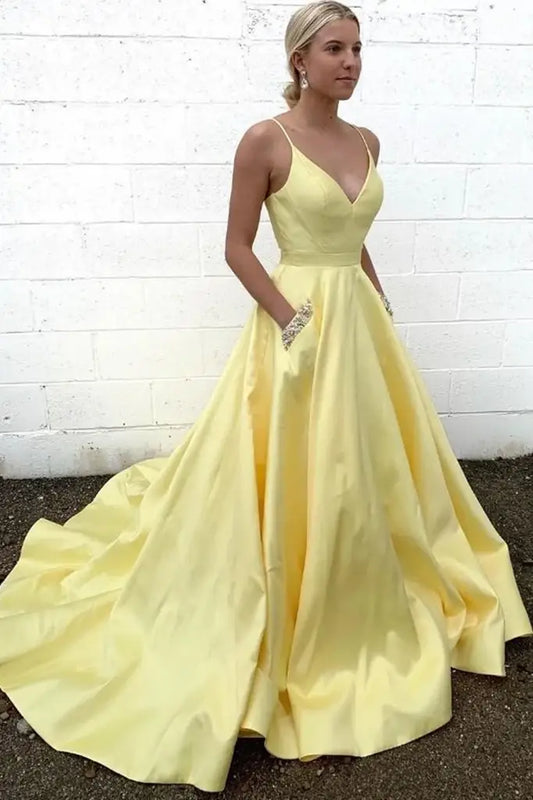 Daffodil A-Line Satin Sleeveless Prom Formal Dresses with Pockets