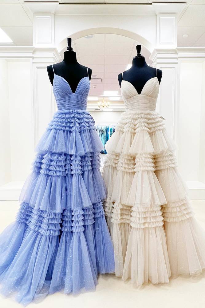 Lavender Tiered V-Neck Sleeveless Tulle A-Line Prom Dresses