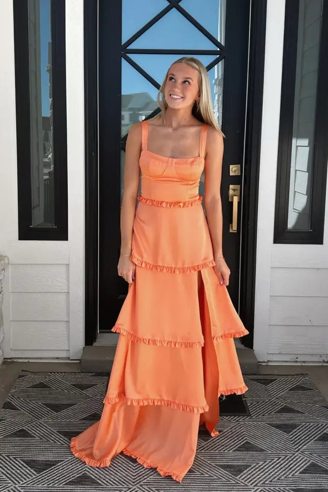 Orange Square Neck Sleeveless Long Split Front Prom Dresses with Ruffles