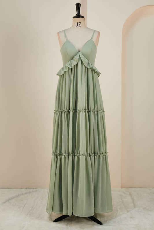 Green V-Neck A-Line Chiffon Prom Dresses