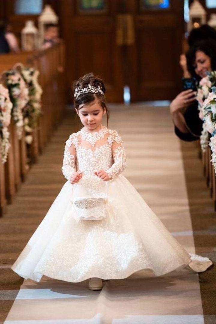 White Sequined Long Sleeves A-Line Lace Flower Girl Dresses