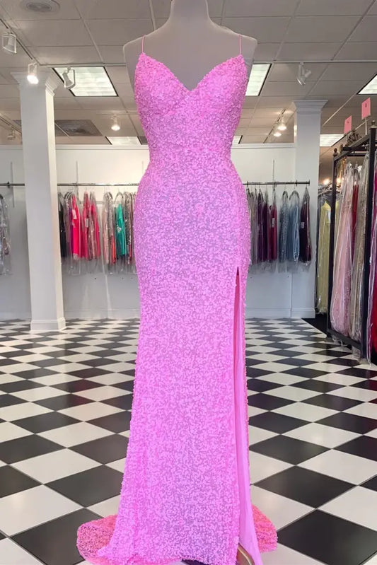 Pink V-Neck Spaghetti Straps Mermaid Sequin Formal Prom Dresses with Slit