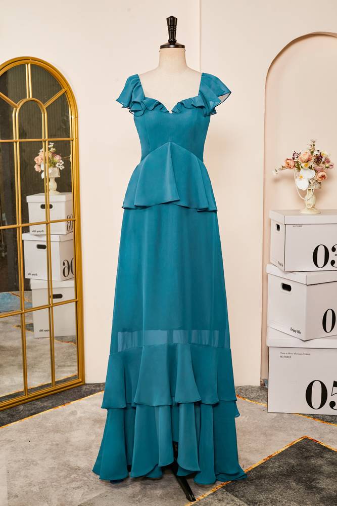 Ink Blue A-Line Chiffon Short Sleeves Prom Dresses with Ruffles