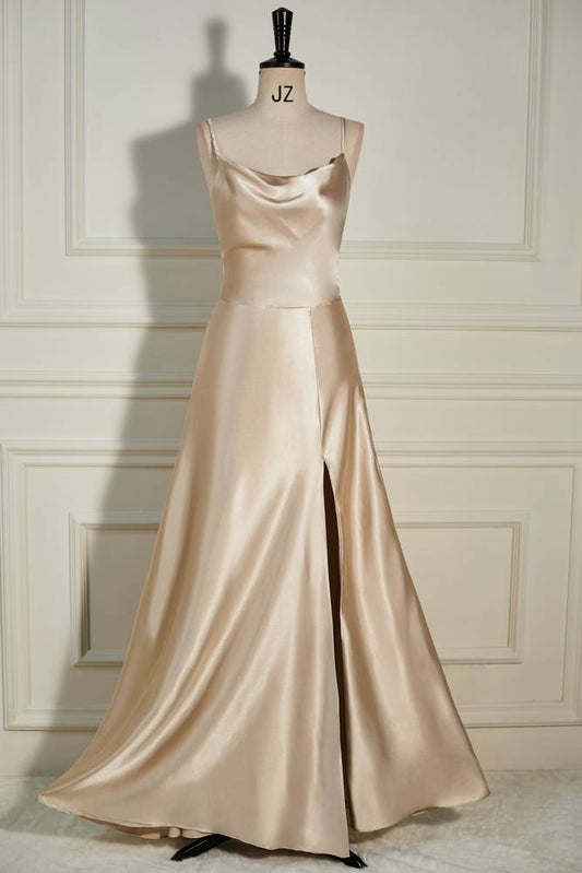 Champagne Cowl Neck A-Line Satin Prom Dresses with Slit