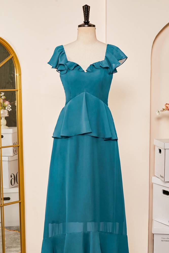 Ink Blue A-Line Chiffon Short Sleeves Prom Dresses with Ruffles