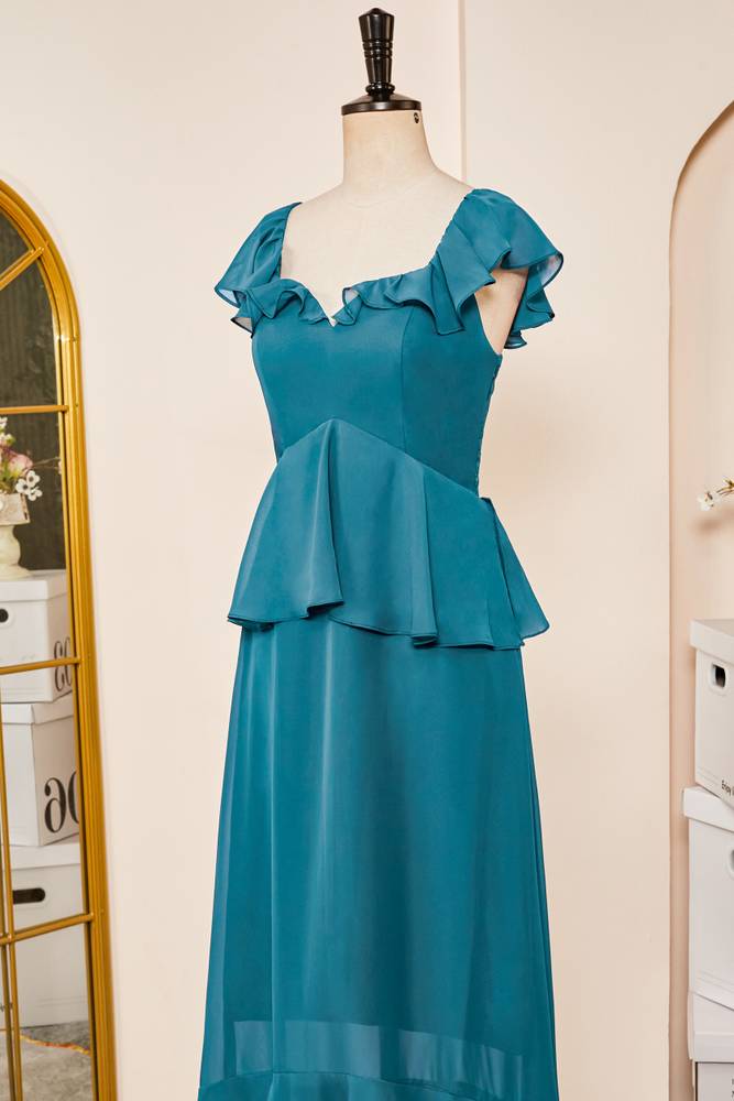 Ink Blue A-Line Chiffon Short Sleeves Prom Dresses with Ruffles