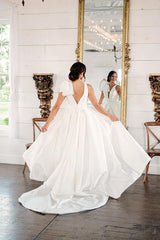 White Long A-Line V-Neck Backless Wedding Dresses