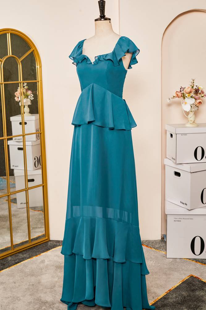 Ink Blue A-Line Chiffon Short Sleeves Prom Dresses with Ruffles