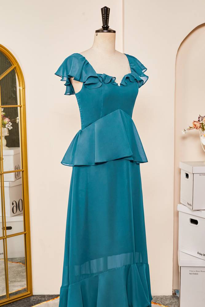 Ink Blue A-Line Chiffon Short Sleeves Prom Dresses with Ruffles