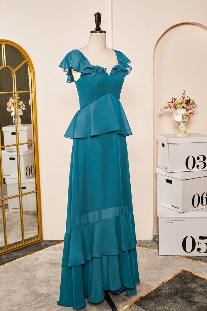 Ink Blue A-Line Chiffon Short Sleeves Prom Dresses with Ruffles