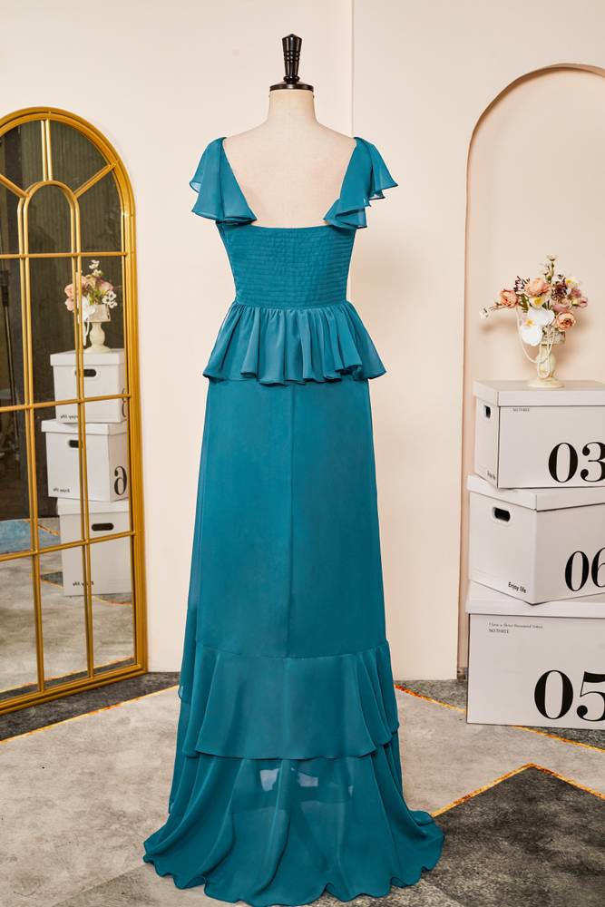 Ink Blue A-Line Chiffon Short Sleeves Prom Dresses with Ruffles