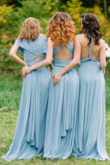 Blue Convertible A-Line Chiffon Bridesmaid Dresses