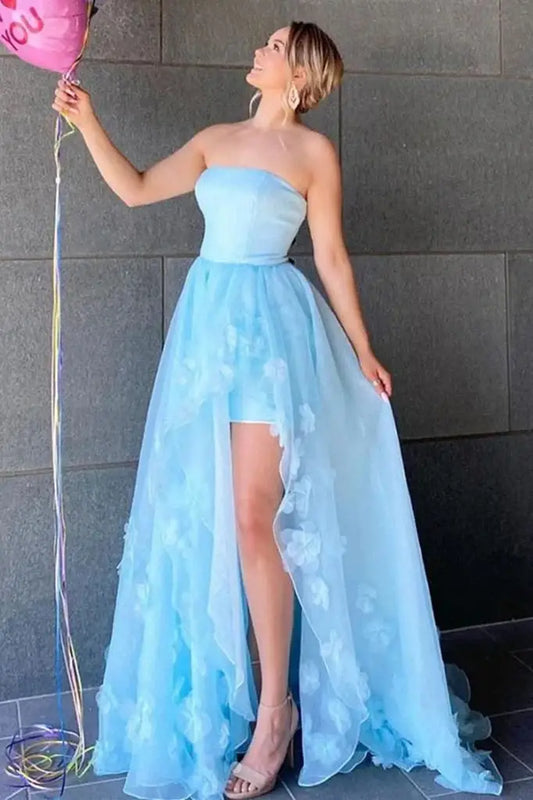 Light Blue A-Line Tulle Strapless Party Prom Dresses with Slit