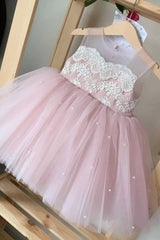 A-Line Lace Tulle Sleeveless Flower Girl Dresses with Beads