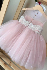 A-Line Lace Tulle Sleeveless Flower Girl Dresses with Beads