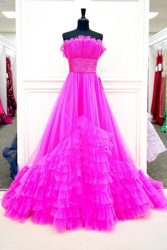 Fuchsia Strapless A-Line Tulle Prom Party Dresses with Ruffles