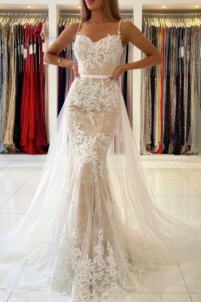 Charming Spaghetti Straps Mermaid Tulle Wedding Dresses with Appliques