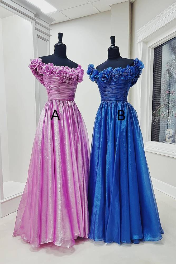 Floor-Length Off-The-Shoulder A-Line Tulle Formal Dresses with Handmade Flowers