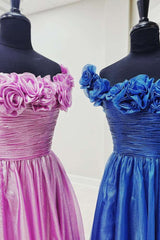 Floor-Length Off-The-Shoulder A-Line Tulle Formal Dresses with Handmade Flowers