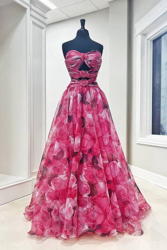 Sweetheart Strapless A-Line Print Floral Prom Dresses