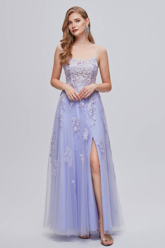 Lavender Floor-Length A-Line Tulle Prom Dresses with Appliques