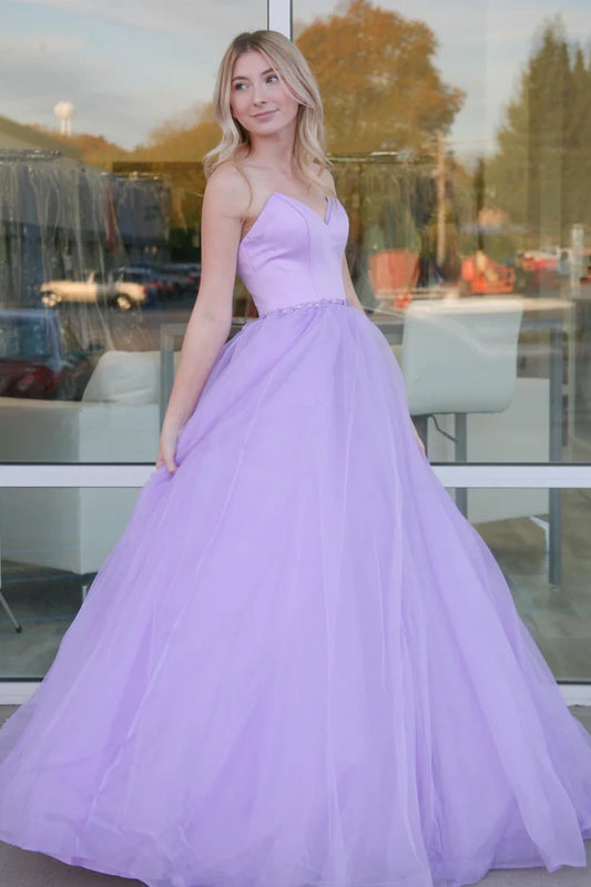 Lavender Floor-Length A-Line Strapless Tulle Prom Dresses