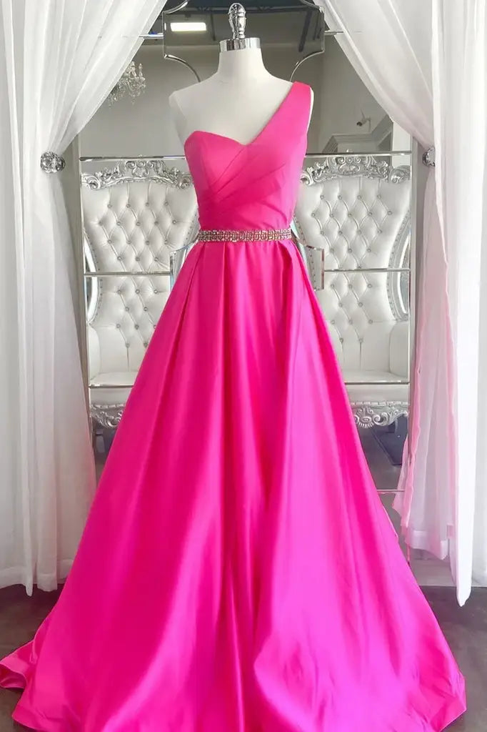 Fuchsia Long A-Line One-Shoulder Satin Prom Dresses with Rhinestones