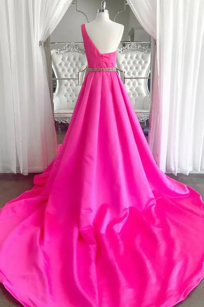 Fuchsia Long A-Line One-Shoulder Satin Prom Dresses with Rhinestones