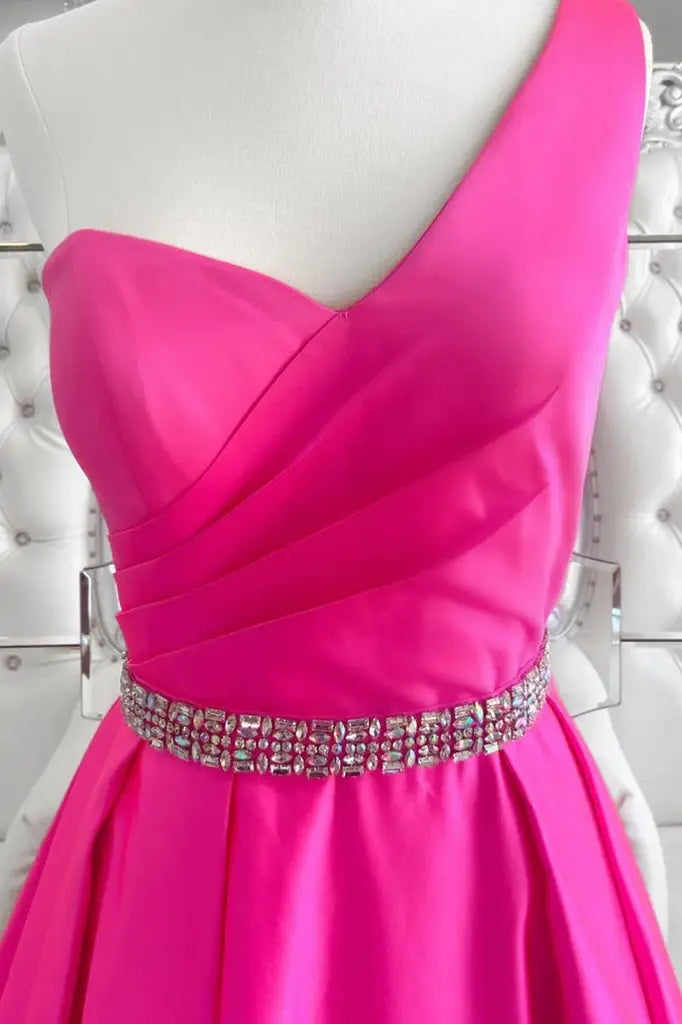 Fuchsia Long A-Line One-Shoulder Satin Prom Dresses with Rhinestones