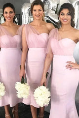 Pink Tea-Length One-Shoulder Mermaid Satin Bridesmaid Dresses