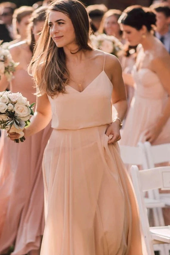 Coral V-Neck Spaghetti Straps Chiffon A-Line Bridesmaid Dresses