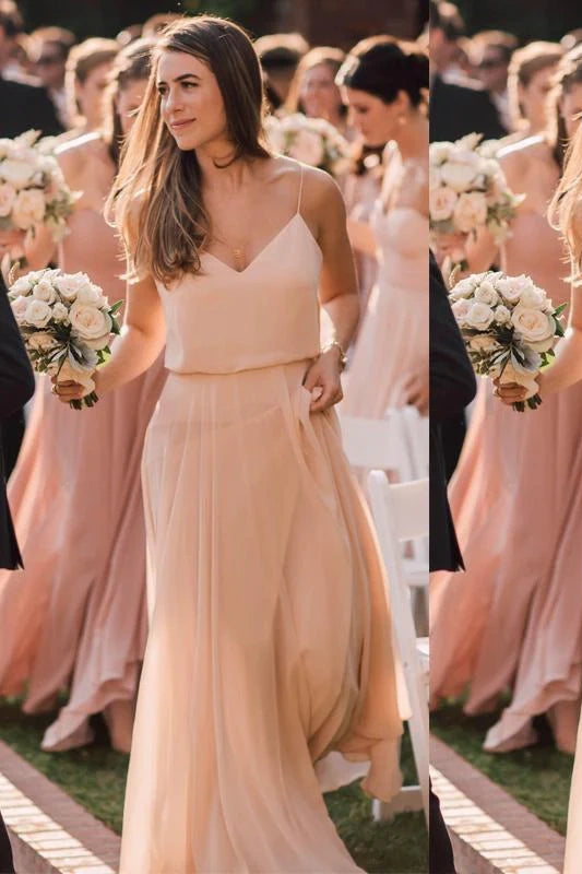 Coral V-Neck Spaghetti Straps Chiffon A-Line Bridesmaid Dresses