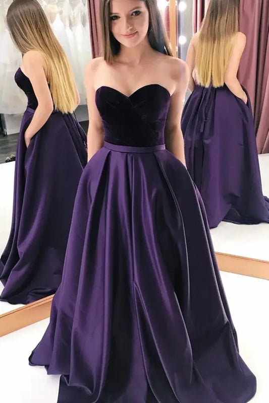 Grape Sweetheart Strapless A-Line Velvet Satin Prom Dresses with Pockets