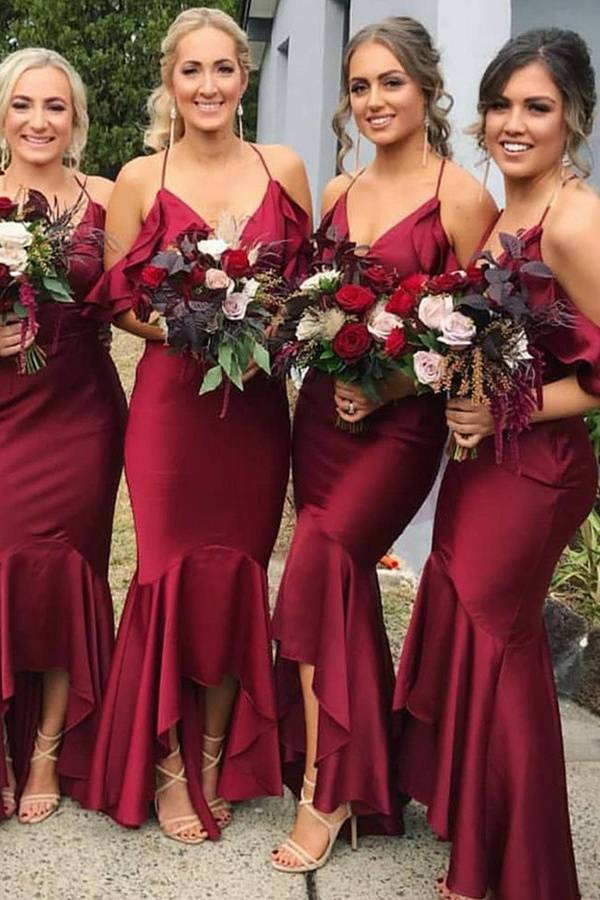 Hi-Lo Off-The-Shoulder Mermaid Satin Bridesmaid Dresses