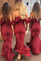 Hi-Lo Off-The-Shoulder Mermaid Satin Bridesmaid Dresses