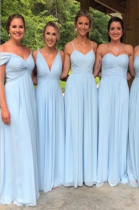 Sky Blue Floor-Length A-Line Chiffon Bridesmaid Dresses