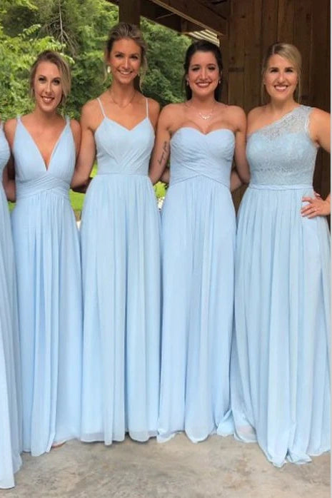 Sky Blue Floor-Length A-Line Chiffon Bridesmaid Dresses