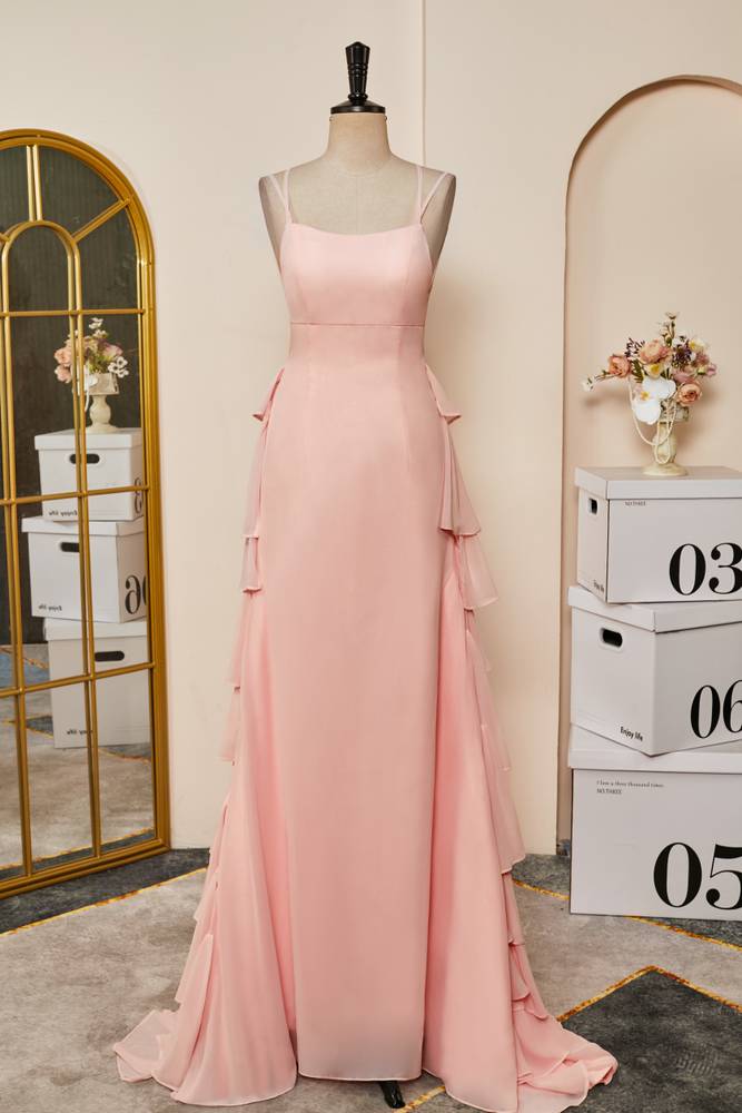 Pearl Pink Criss Cross Straps Column Chiffon Formal Dresses with Ruffles