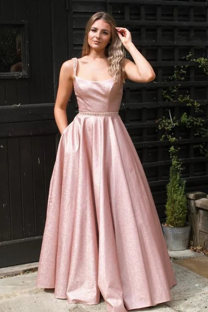 A-Line Satin Floor-Length Sleeveless Prom Dresses with Pockets