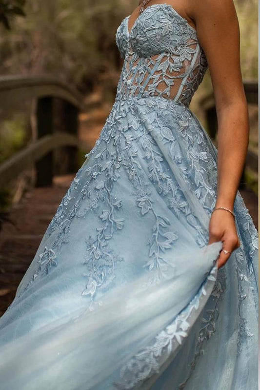 Sky Blue Strapless A-Line Tulle Party Prom Dresses with Appliques