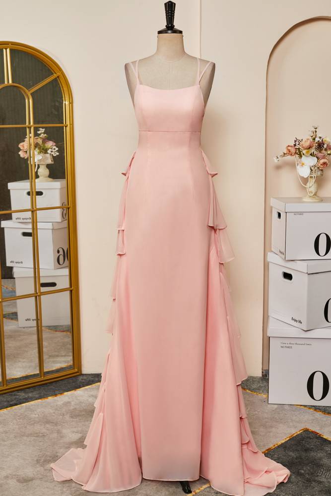 Pearl Pink Criss Cross Straps Column Chiffon Formal Dresses with Ruffles