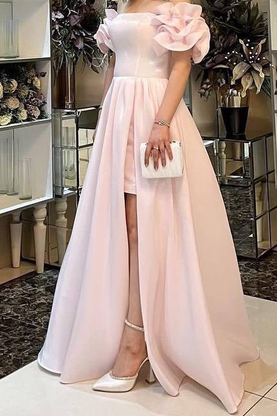 Blushing Pink Off-The-Shoulder A-Line Satin Formal Dresses with Slit